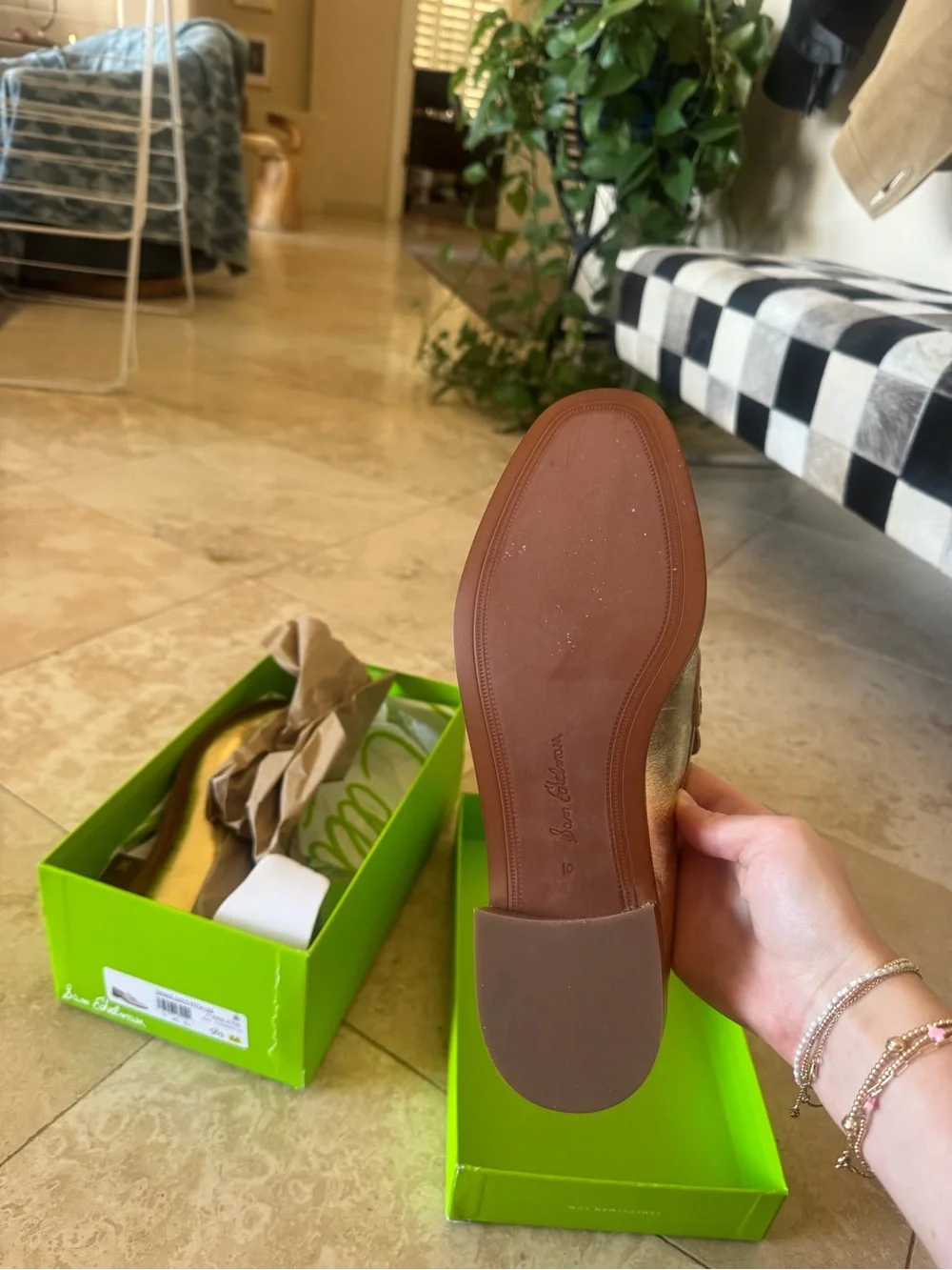 Women’s Sam Edelman Metallic Gold Leather Loafer with Chain Detail